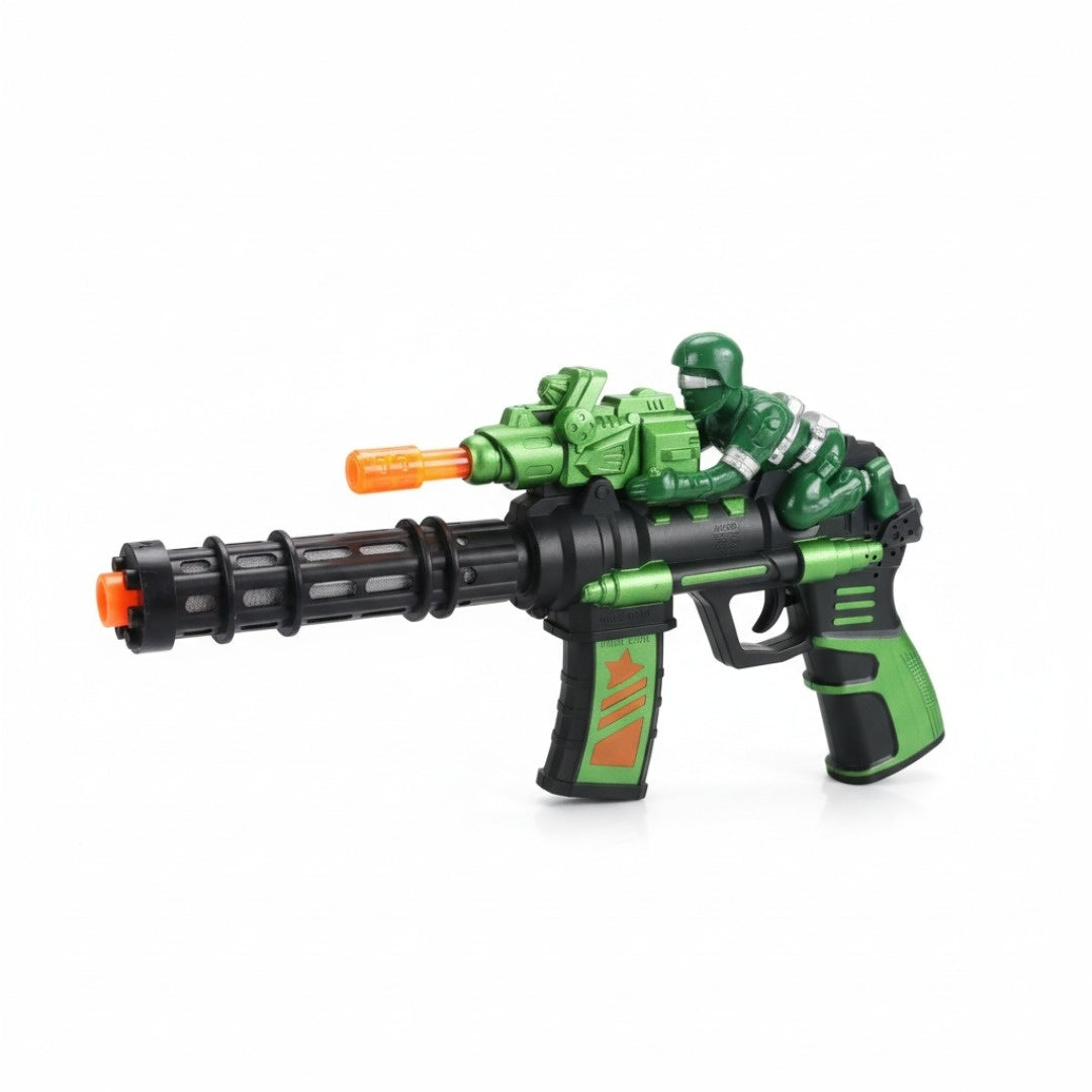 Pistol jucarie 23 cm cu lumini si sunete, model militar cu soldat verde