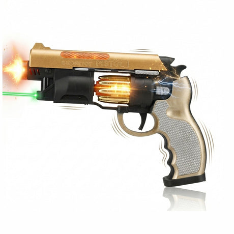 Pistol jucarie electric 23 cm, auriu cu lumini si sunet, model revolver