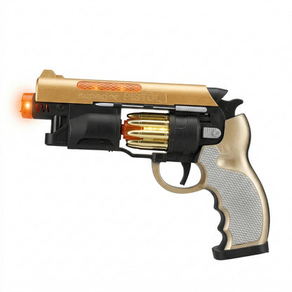 Pistol jucarie electric 23 cm, auriu cu lumini si sunet, model revolver