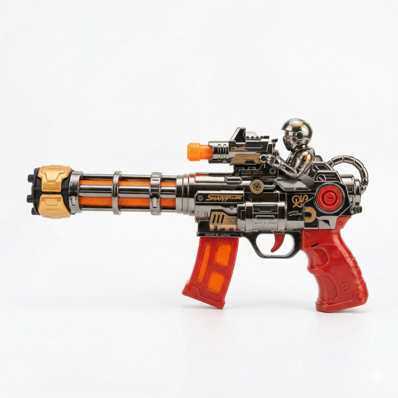 Pistol jucarie electric, 30 cm cu lumini, sunet si efect abur, model futuristic rosu