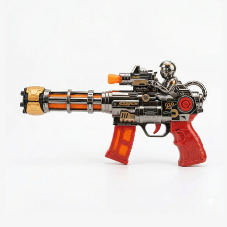 Pistol jucarie electric, 30 cm cu lumini, sunet si efect abur, model futuristic rosu