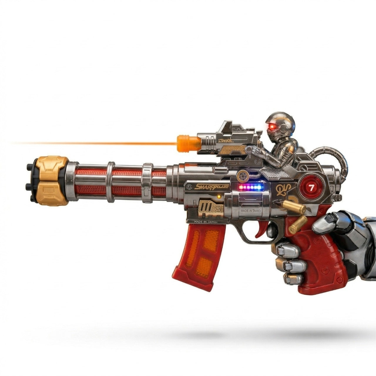 Pistol jucarie electric, 30 cm cu lumini, sunet si efect abur, model futuristic rosu