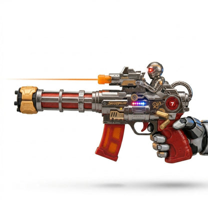 Pistol jucarie electric, 30 cm cu lumini, sunet si efect abur, model futuristic rosu
