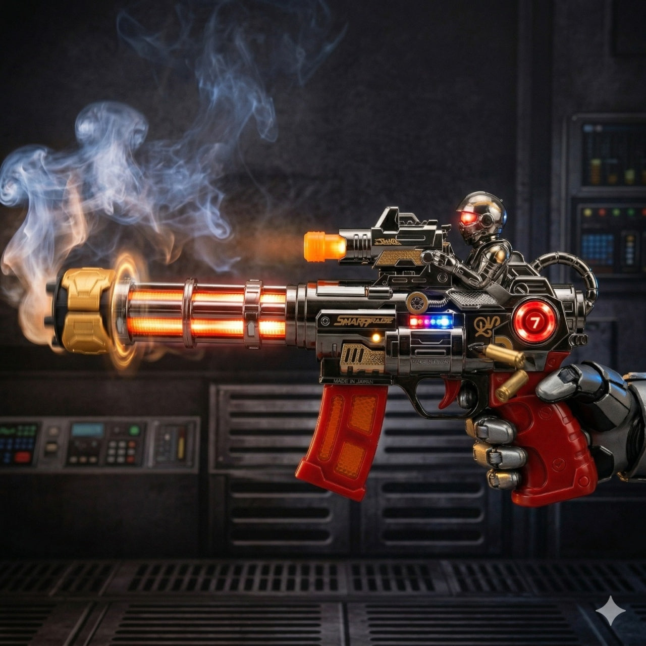 Pistol jucarie electric, 30 cm cu lumini, sunet si efect abur, model futuristic rosu