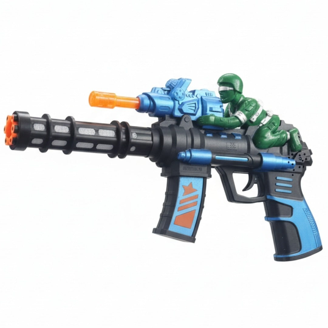 Pistol jucarie electric, 35 cm, albastru cu lumini si sunet , model militar cu soldat