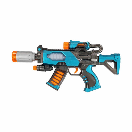 Pistol jucarie electric cu efect fum, lumini LED si sunete, model futuristic albastru