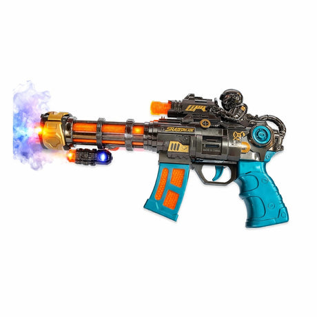 Pistol jucarie electric cu efect fum, lumini LED si sunete, model futuristic premium albastru-negru