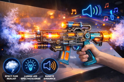 Pistol jucarie electric cu efect fum, lumini LED si sunete, model futuristic premium albastru-negru