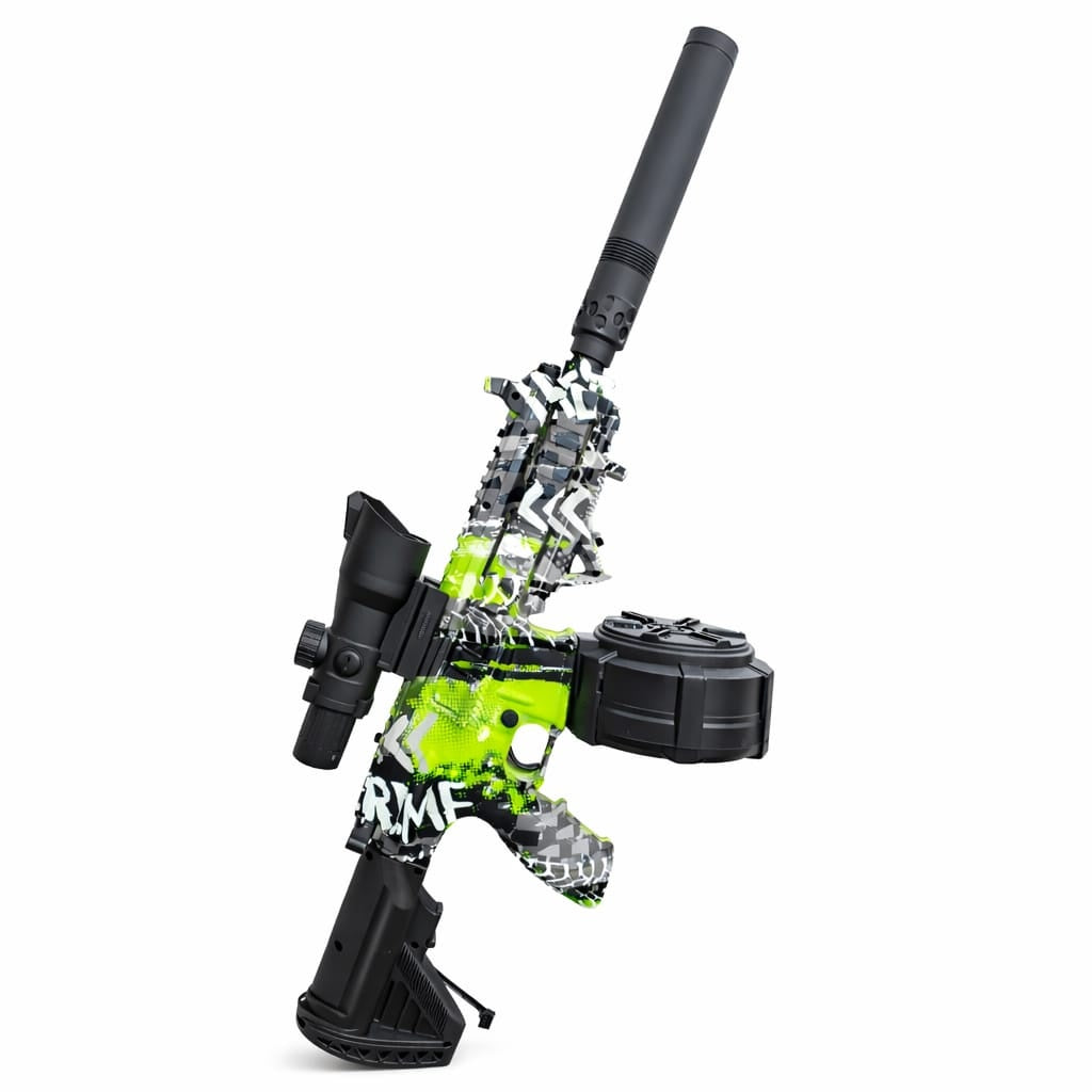 Pistol jucarie electric tip carabina M416, design camuflaj verde neon, cu accesorii