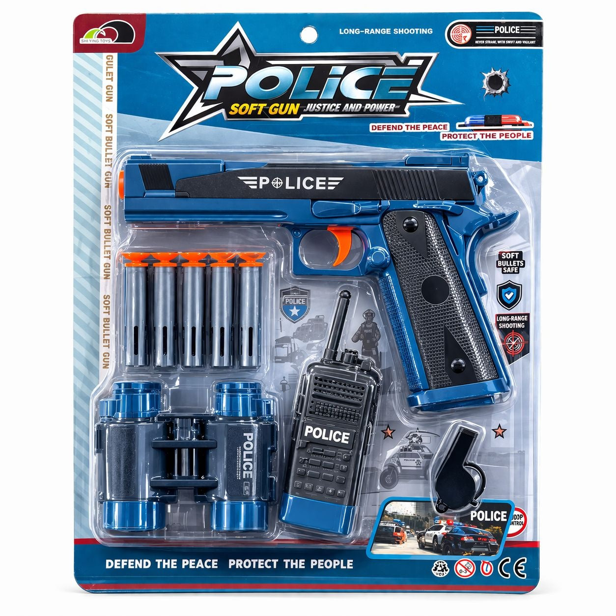 Pistol jucarie politist albastru, 19 cm soft gun cu accesorii si gloante cu ventuza
