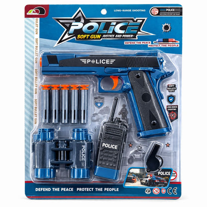 Pistol jucarie politist albastru, 19 cm soft gun cu accesorii si gloante cu ventuza