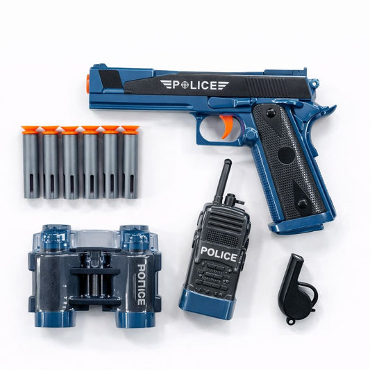 Pistol jucarie politist albastru, 19 cm soft gun cu accesorii si gloante cu ventuza