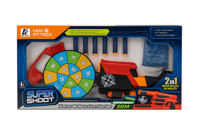 Pistol Jucarie Super Shoot 2in1 cu Tinta, Bile cu Apa si Darts , Set complet