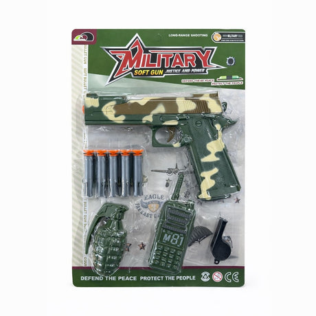 Pistol jucarie tip militar verde 19 cm, soft gun cu accesorii si gloante cu ventuze