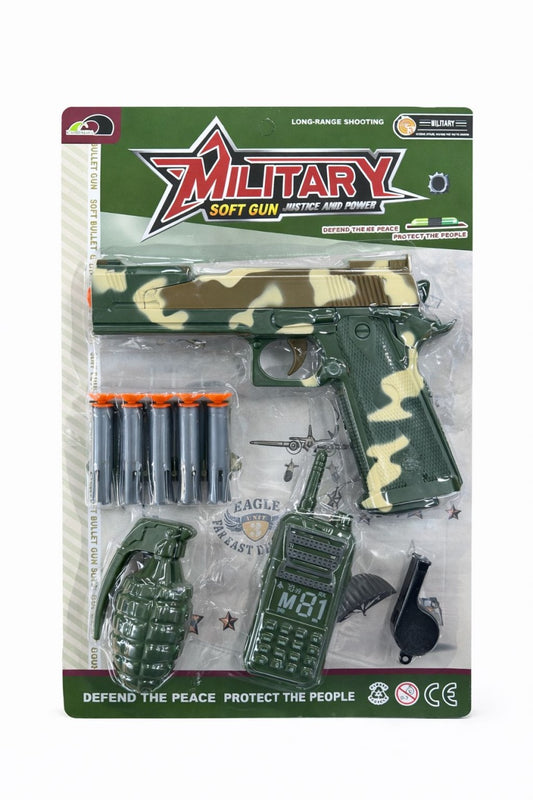 Pistol jucarie tip militar verde 19 cm, soft gun cu accesorii si gloante cu ventuze
