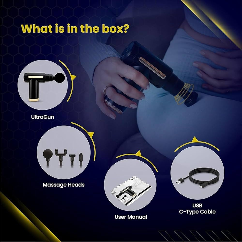 Pistol masaj muscular cu 4 capete interschimbabile, 6 trepte viteza, reincarcabil USB Type-C, 25W, negru