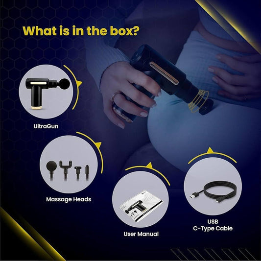 Pistol masaj muscular cu 4 capete interschimbabile, 6 trepte viteza, reincarcabil USB Type-C, 25W, negru