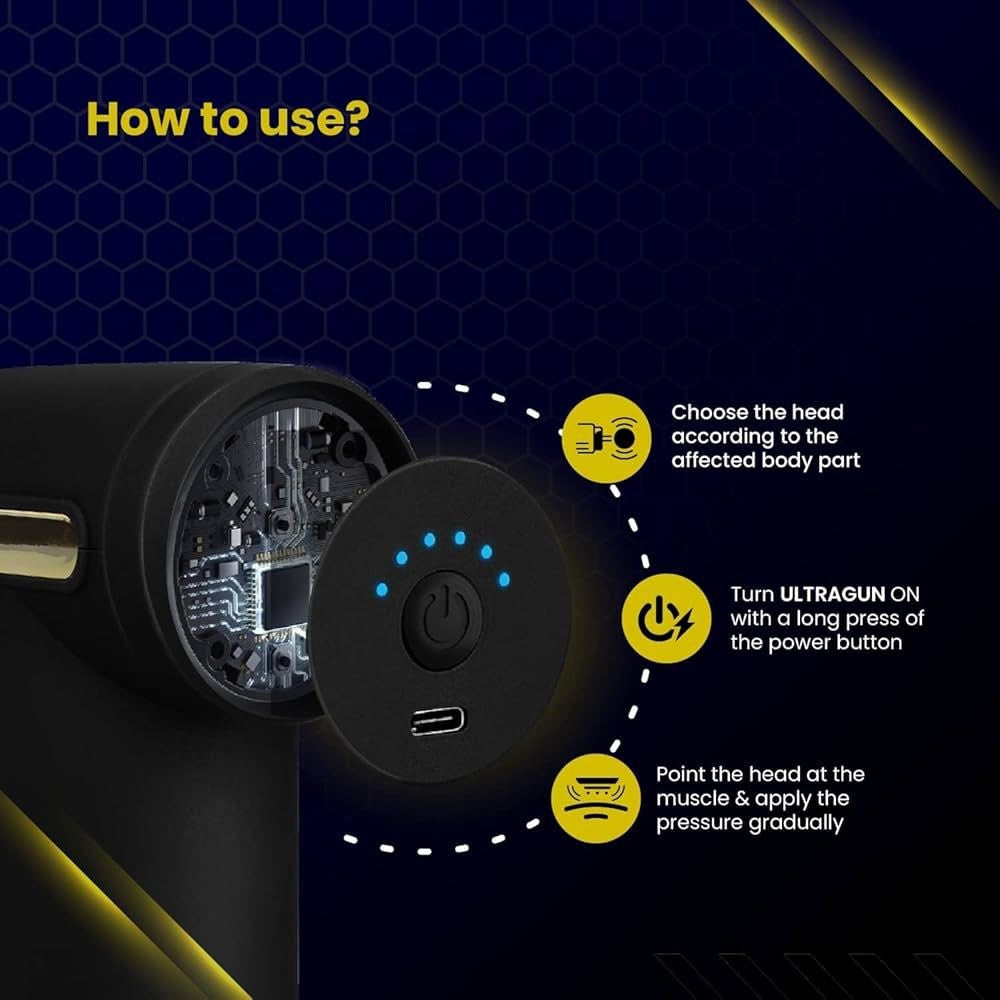Pistol masaj muscular cu 4 capete interschimbabile, 6 trepte viteza, reincarcabil USB Type-C, 25W, negru