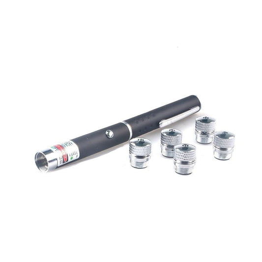 Pointer laser verde cu 5 capete interschimbabile, baterii AAA incluse
