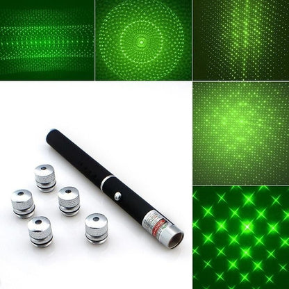 Pointer laser verde cu 5 capete interschimbabile, baterii AAA incluse
