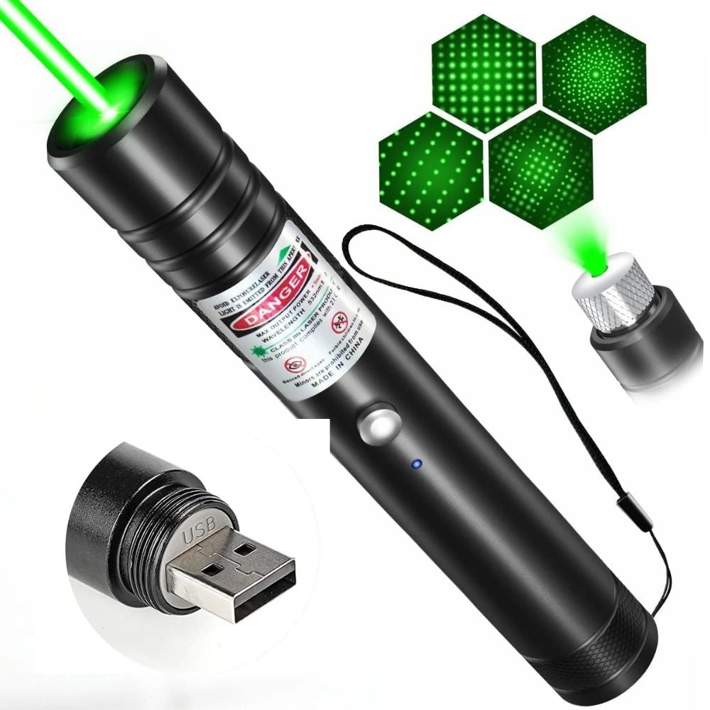 Pointer laser verde reincarcabil USB cu cap interschimbabil, culori mixte