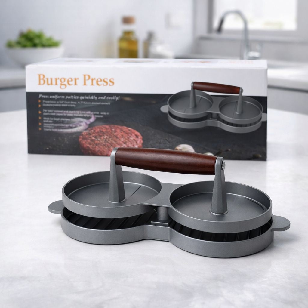 Presă dublă pentru burgeri din aluminiu cu mâner ergonomic din lemn