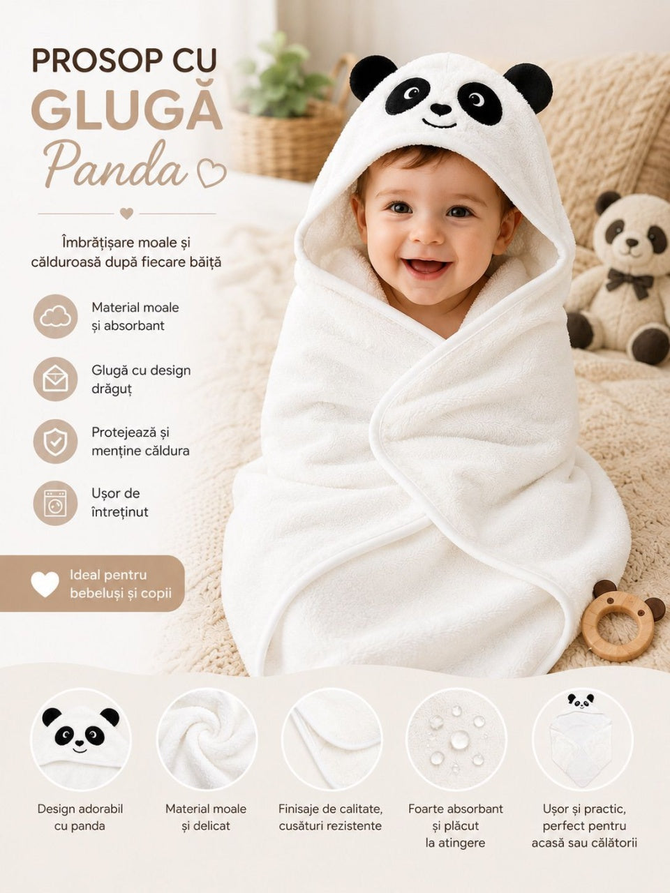 Prosop cu Glugă pentru Copii și Bebeluși Alb – Model Panda, Moale și Absorbant