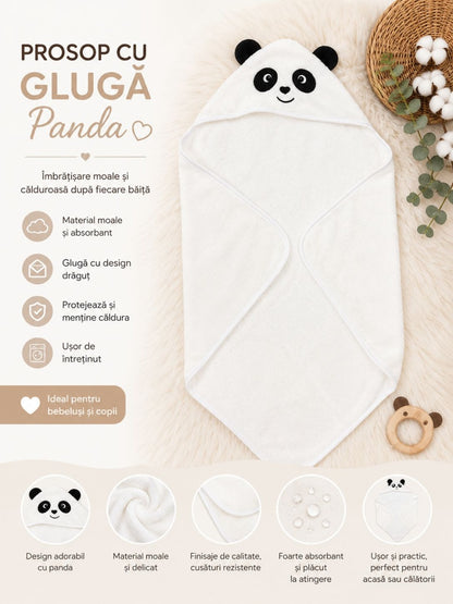 Prosop cu Glugă pentru Copii și Bebeluși Alb – Model Panda, Moale și Absorbant