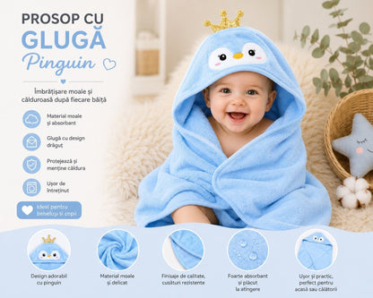 Prosop cu Glugă pentru Copii și Bebeluși Albastru – Model Pinguin, Moale și Absorbant