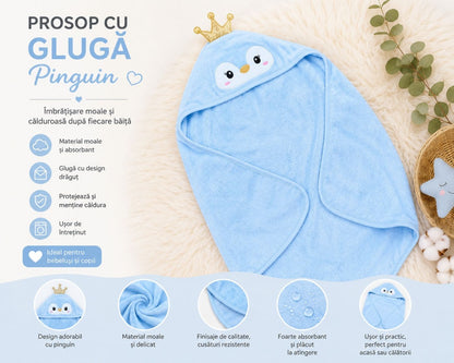 Prosop cu Glugă pentru Copii și Bebeluși Albastru – Model Pinguin, Moale și Absorbant
