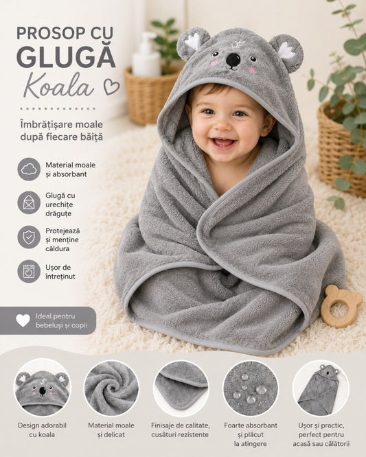 Prosop cu Glugă pentru Copii și Bebeluși Gri – Model Koala, Moale și Absorbant