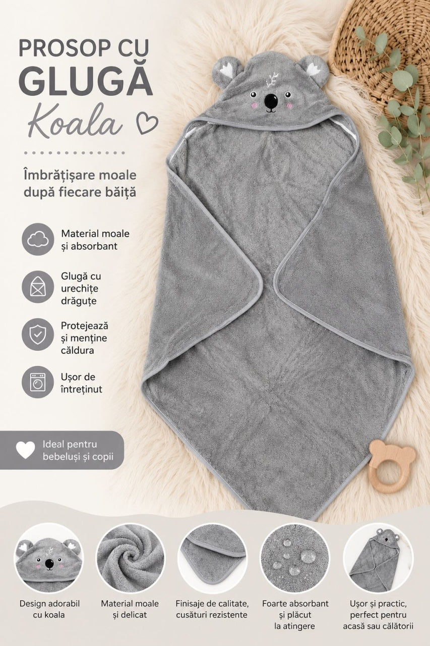 Prosop cu Glugă pentru Copii și Bebeluși Gri – Model Koala, Moale și Absorbant
