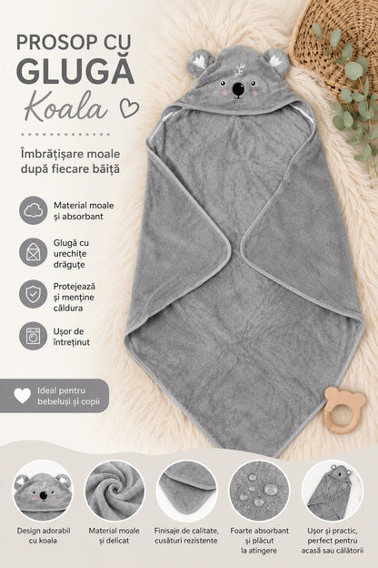 Prosop cu Glugă pentru Copii și Bebeluși Gri – Model Koala, Moale și Absorbant