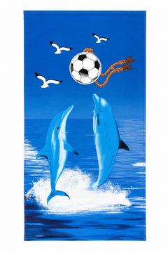 Prosop de plaja cu delfini si minge de fotbal Ocean Fun, 70x140 cm