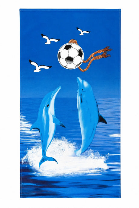 Prosop de plaja cu delfini si minge de fotbal Ocean Fun, 70x140 cm