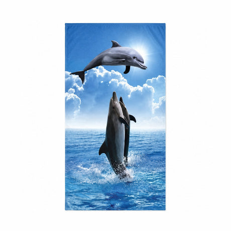 Prosop de Plajă cu Delfini și Peisaj Marin 70x140 cm – Microfibră Premium cu Uscare Rapidă