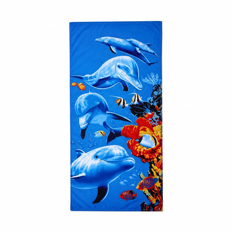 Prosop de Plajă cu Delfini și Recif 90x170 cm – Microfibră cu Design Marin