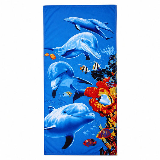 Prosop de Plajă cu Delfini și Recif 90x170 cm – Microfibră cu Design Marin