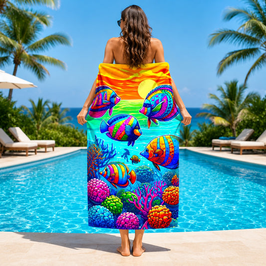 Prosop de plaja cu pesti tropicali multicolori Ocean Sunset, 70x140 cm