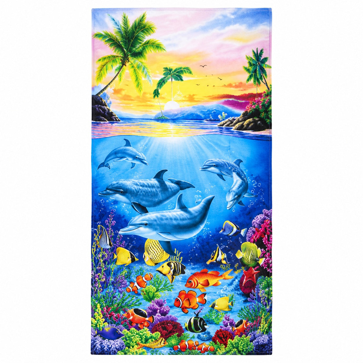 Prosop de Plajă Delfini 90x170 cm – Microfibră Premium cu Delfini și Peisaj Tropical