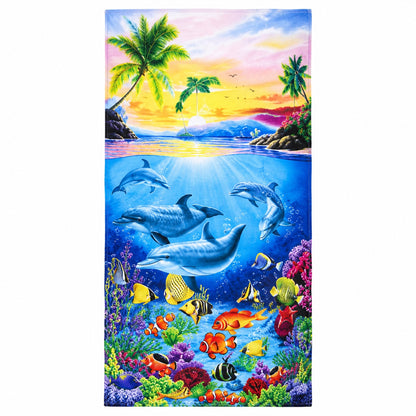 Prosop de Plajă Delfini 90x170 cm – Microfibră Premium cu Delfini și Peisaj Tropical