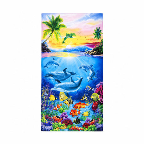 Prosop de Plajă Delfini 90x170 cm – Microfibră Premium cu Delfini și Peisaj Tropical
