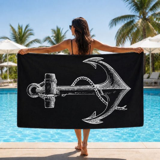 Prosop de Plajă Model Ancoră Vintage Negru 70x140 cm – Design Nautic Elegant
