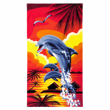 Prosop de Plajă model exotic cu delfini 70x140 cm – Microfibră Premium cu Delfini și Apus Exotic