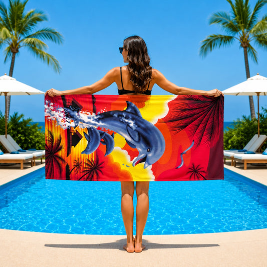 Prosop de Plajă model exotic cu delfini 70x140 cm – Microfibră Premium cu Delfini și Apus Exotic
