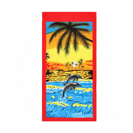 Prosop de plaja tropical cu delfini si palmieri Sunset Beach, 70x140 cm