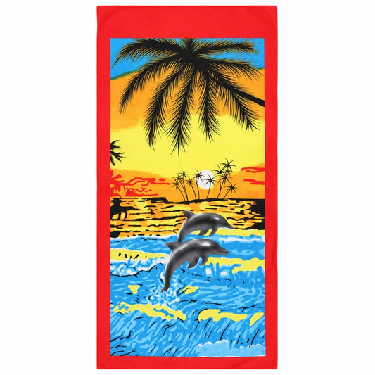 Prosop de plaja tropical cu delfini si palmieri Sunset Beach, 70x140 cm
