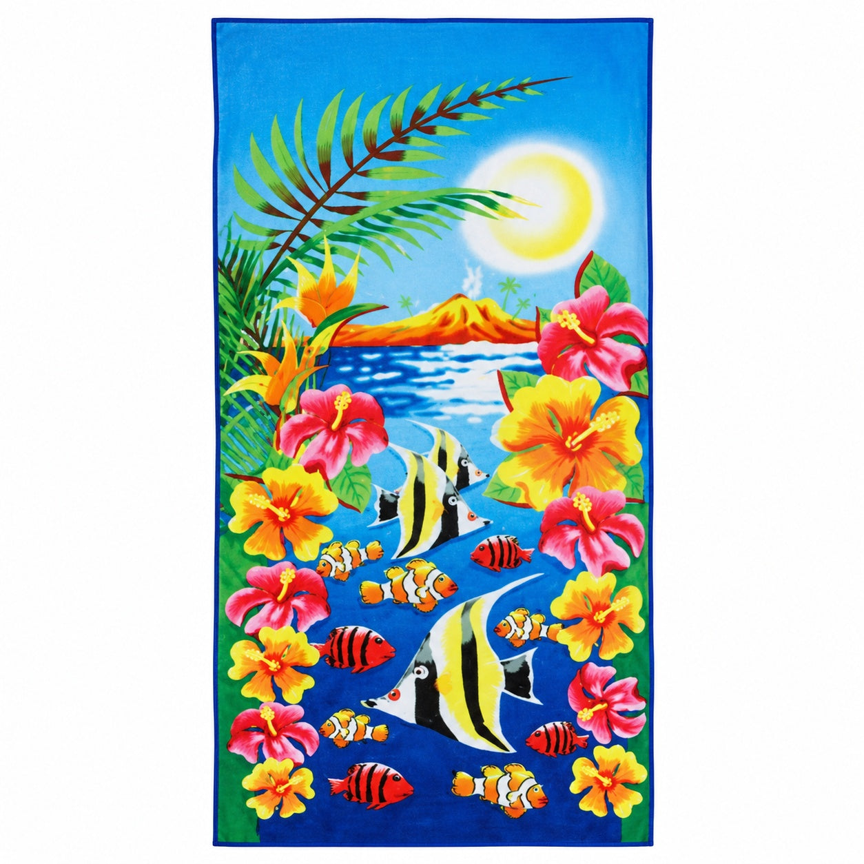 Prosop de plaja tropical cu flori hibiscus si pesti exotici, 70x140 cm