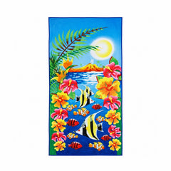 Prosop de plaja tropical cu flori hibiscus si pesti exotici, 70x140 cm