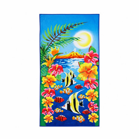 Prosop de plaja tropical cu flori hibiscus si pesti exotici, 70x140 cm